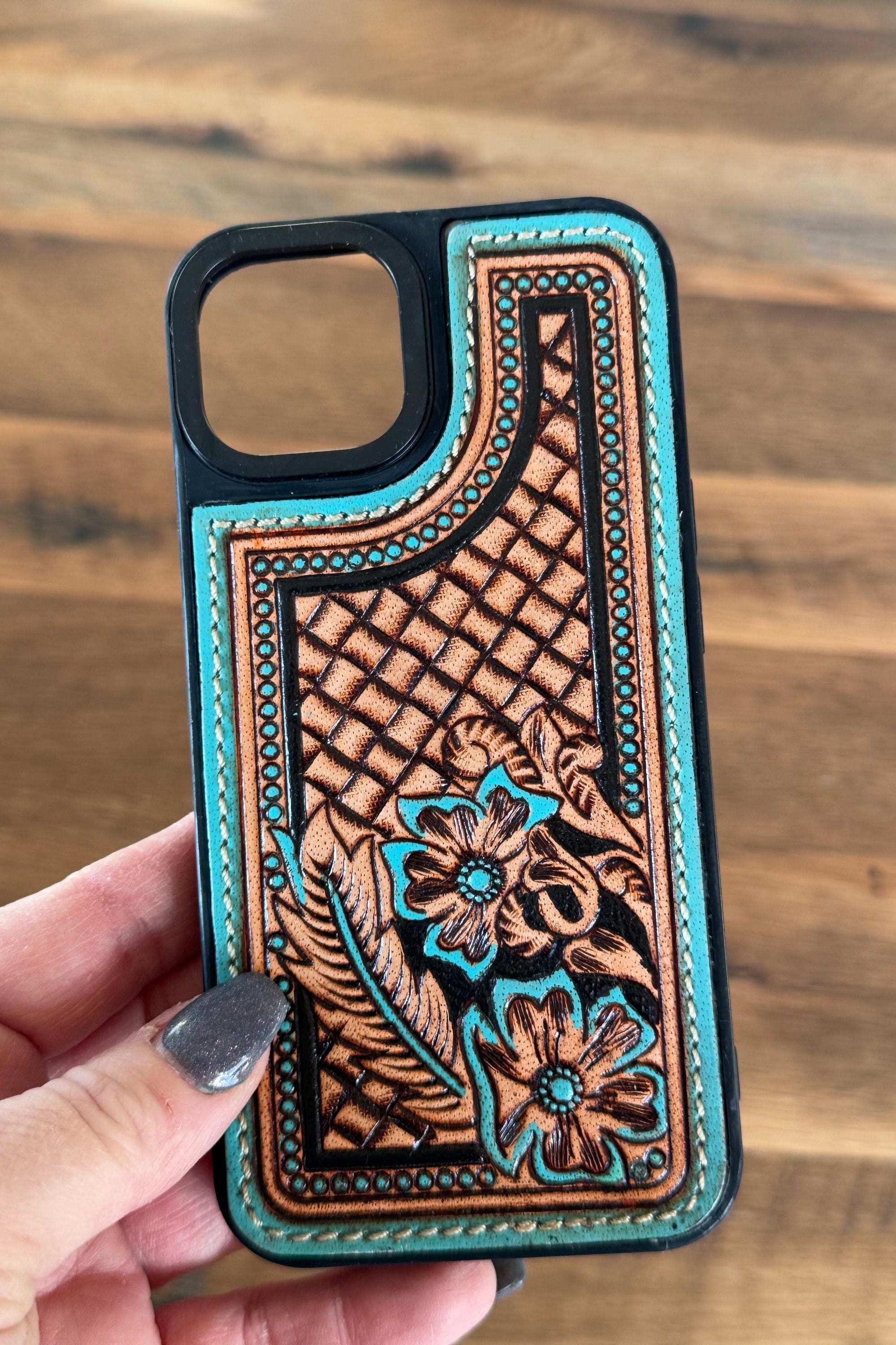 Turquoise Tooled Leather Western Phone Case, Phone Accessory, Phone cover for iPhone 14