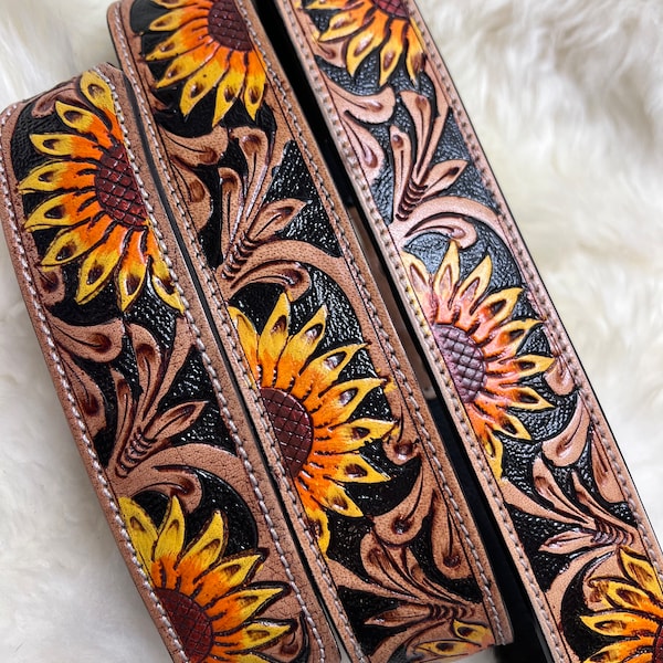 Hand Tooled Sunflower Leather Western Dog Collar