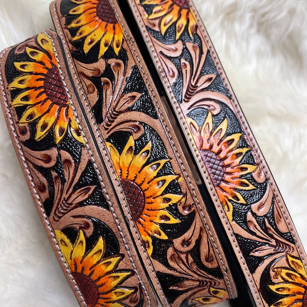 Collar para perro estilo western de cuero de girasol hecho a mano