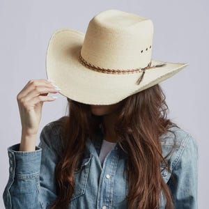 Natural Straw Cowboy Hat with Brick shape Crown, Cowgirl Hat, Custom Hat, Cattleman Style, Turned up Brim Mens Hat Women&#39;s Hat Summer Hat