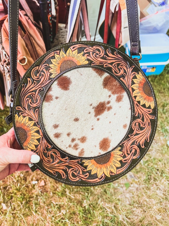 Custom Cowhide Tooled Leather Crossbody Purse: Sunflower Western Bag