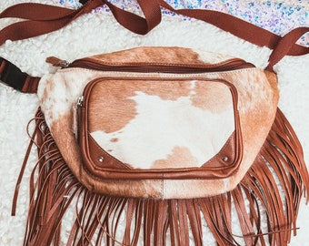 Custom Branded with Your Farm Brand Cow Brand or Initials Brown & White Cowhide Fringe Fanny Pack Bum Bag, Western Fringe Purse, Leather