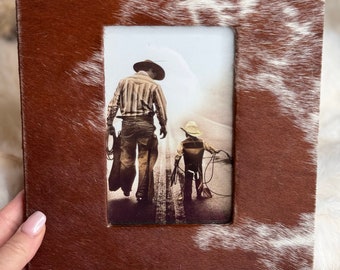Brown & White Cowhide Photo Frame Western Cowgirl Cowboy Wedding, Christmas, Graduation Gift Bridal Shower New Baby Mothers Fathers Day