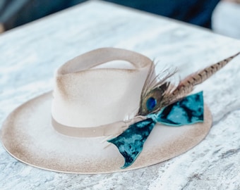 Distressed Felt Cowgirl Hat: Turquoise Velvet Ribbon & Peacock Feathers
