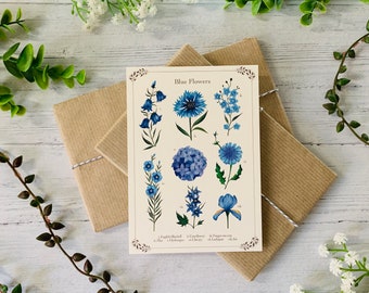 Botanical Blue Floral Postcard - Vintage Flower Identification - Nature Illustrated - Watercolour Leaves Notecard - A6 Card - Small Art