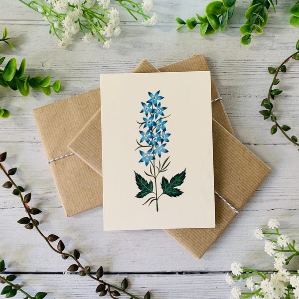 Larkspur Postcard - Delphinium Blue Flowers - Nature Illustrated - Watercolour Floral Leaves Notecard - A6 Card - Small Art Print