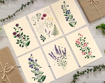 Ansichtkaartenset van 6 - Botanische Wildflowers-collectie - Aquarel Notitiekaartenpakket - Natuur geïllustreerd - A6 Flower Art-kaarten - Miniprints