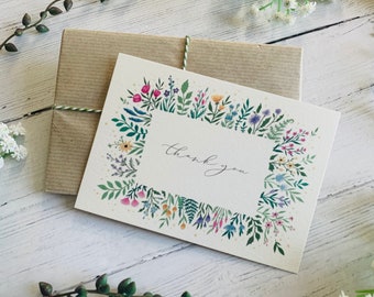 Thank You Floral Greeting Card - Luxury Calligraphy Illustrated Art Card - Pretty Garden Flowers