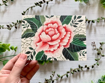 Dainty Floral Card Small Art Print Watercolour Garden Flower Nature Illustrated Pink Peony Postcard Botanical Notecard