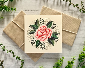 Dainty Floral Card Small Art Print Watercolour Garden Flower Nature Illustrated Pink Peony Postcard Botanical Notecard