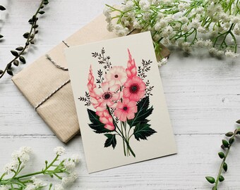 Dainty Floral Card Small Art Print Watercolour Garden Flower Nature Illustrated Pink Peony Postcard Botanical Notecard