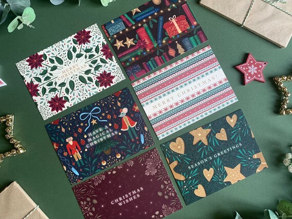 Classic Christmas Cards Pack of 6 - Cosy Festive Xmas Illustrations - Red Gold Green - Art Card Multipack