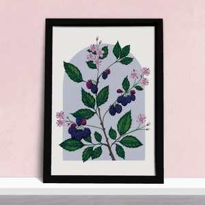 Blackberries Wall Art Print -  Botanical Fruit & Floral Kitchen Wall Decor -  Vintage Inspired Watercolour Illustration