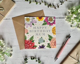 Happy Birthday Mum - Dahlia Floral Greeting Card - Bright Watercolour Illustrated Botanical Card - Blank Inside