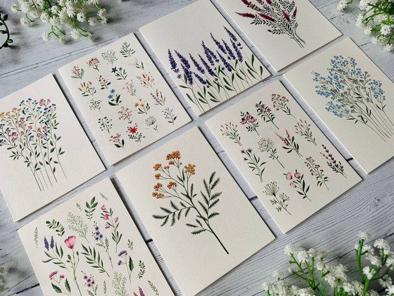 K&ouml;nnte beinhalten: Satz von acht leeren Gru&szlig;karten mit handgemalten Aquarell-Illustrationen verschiedener Blumen und Pflanzen. Die Karten sind wei&szlig; mit einer dezenten Textur und haben eine leere Innenseite zum Schreiben von Nachrichten.