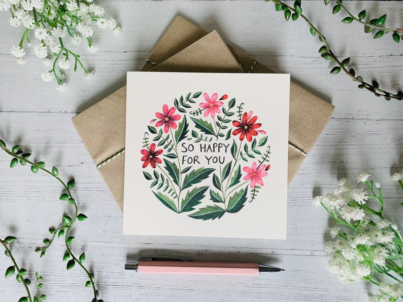 Congratulations Card - Illustrated so Happy for You - Floral Watercolor ...