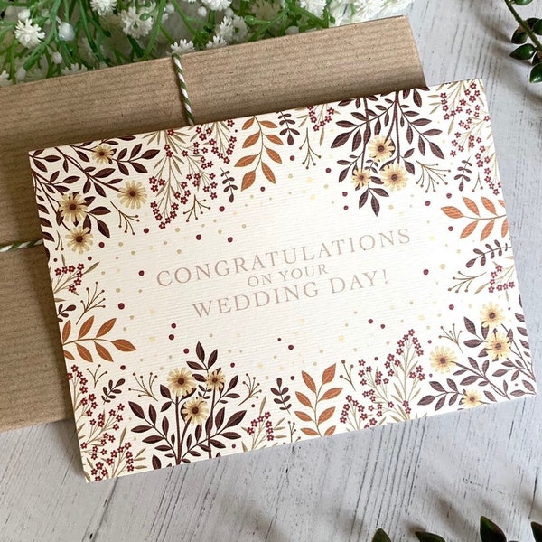 Autumn Wedding Day Congratulations Card - Rustic Fall Floral  Botanical - Autumnal Flowers Seasonal for October November - Marriage Gift