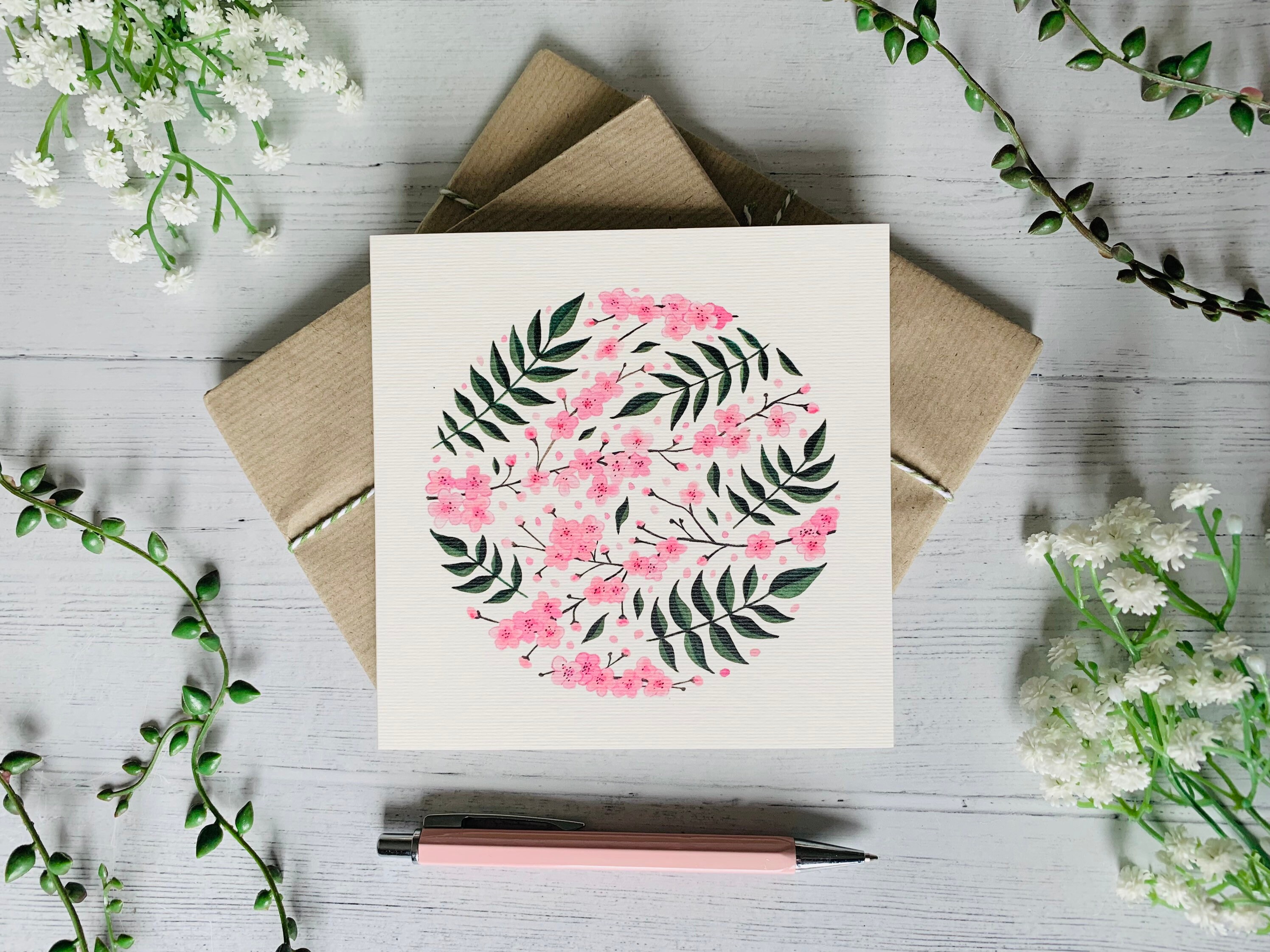 Cherry Blossom Greeting Card Floral Art Card Pink Flowers - Etsy