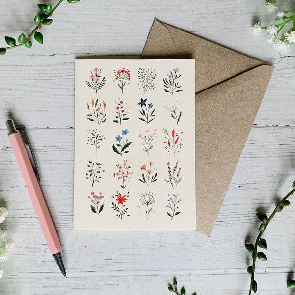 Tiny Florals Greeting Card - Colourful Wildflowers - Mini Floral Illustration Art Card - Watercolour Flowers - Any Occasion Cards