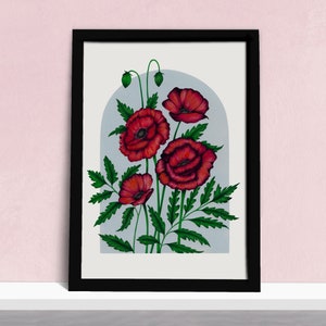 Poppy Field Art Print - Red Poppies Vintage Inspired Illustration - Watercolour Botanical Wall Art