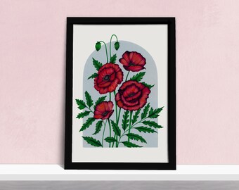 Poppy Field Art Print - Red Poppies Vintage Inspired Illustration - Watercolour Botanical Wall Art