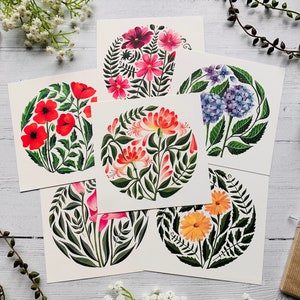 6 Postcards Set - Botanical Circle Collection - Watercolour Art Notecards Pack - Illustrated - Vibrant Flower Art Cards - Mini Square Prints