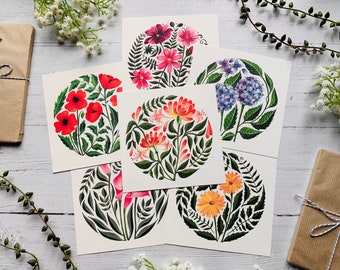 6 Postcards Set - Botanical Circle Collection - Watercolour Art Notecards Pack - Illustrated - Vibrant Flower Art Cards - Mini Square Prints