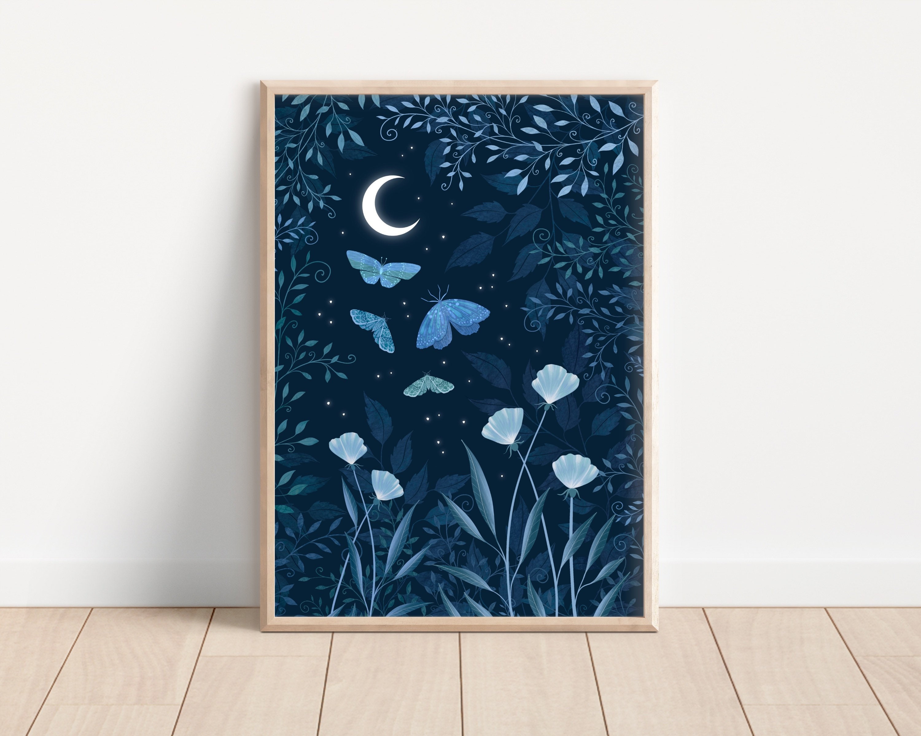 Moon and Moths Art Print Magical Starry Night Poster Dark - Etsy