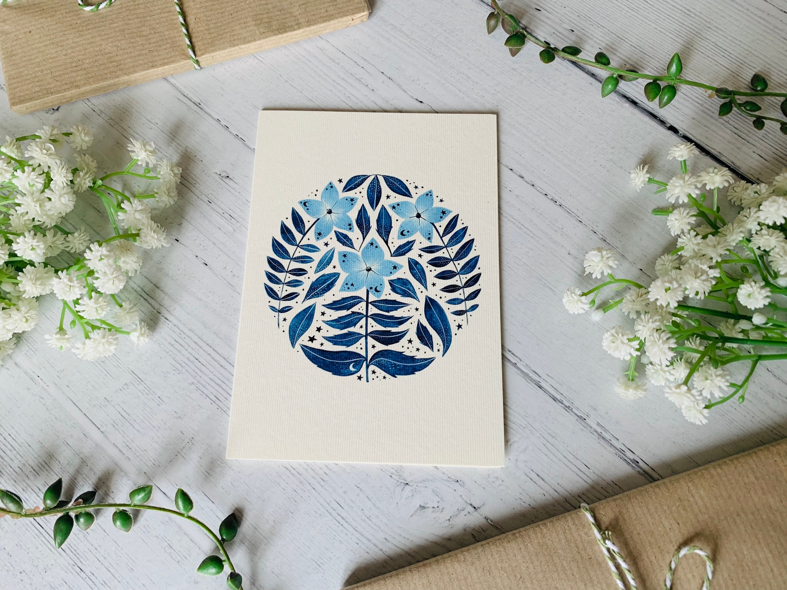 Moonflower Circle Greeting Card - Cosmic Moon and Stars Floral ...