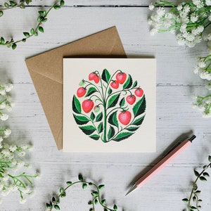 Carte de voeux fraisier - aquarelle - fraises botaniques - fruits illustrés - nature - intérieur vierge - enveloppe incluse