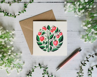 Strawberry Plant Greeting Card - Watercolour Art - Botanical Strawberries  - Illustrated Fruit - Nature - Blank Inside - Envelope Included