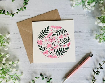 Cherry Blossom Greeting Card - Floral Art Card - Pink Flowers - Illustrated Watercolour - Blank Inside - Envelope Included