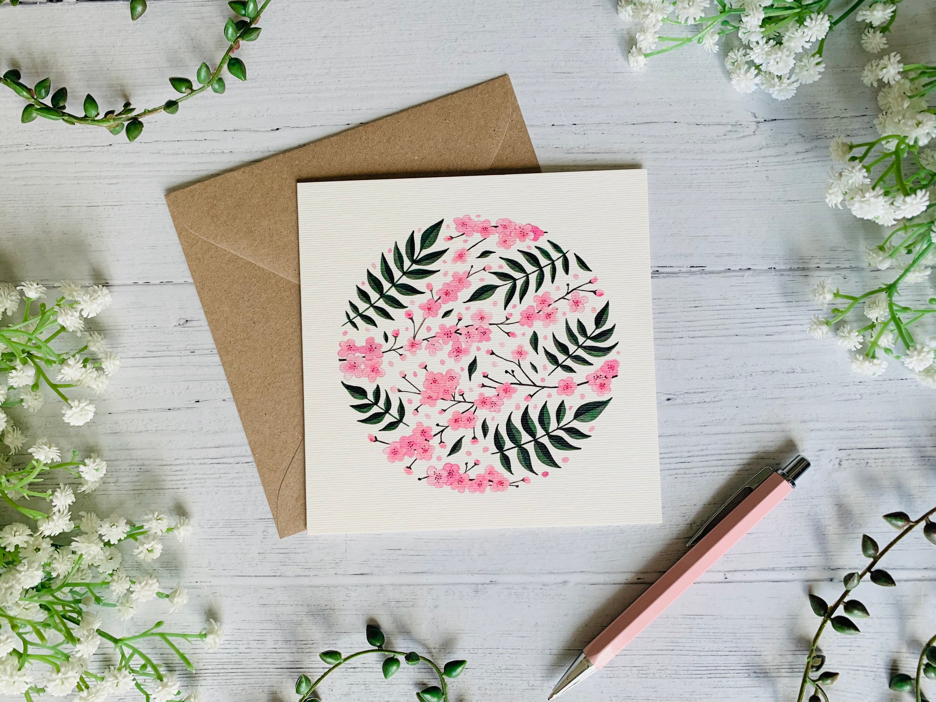 Cherry Blossom Greeting Card Floral Art Card Pink Flowers - Etsy