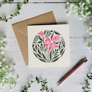 Calla Lilies Floral Greeting Card - Pink Lily Flower Illustrated - Watercolour Botanical Art Card - Blank Inside - Envelope Included