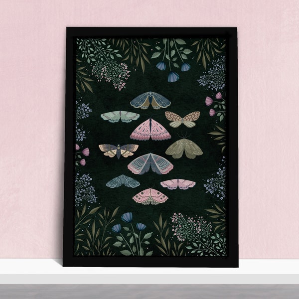 Nighttime Moths Art Print - Affiche d’insectes de la nuit noire - Peinture d’illustration d’histoire naturelle - Cadeaux pour les amoureux de la nature - A5, A4 ou A3