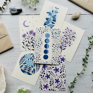 Set of 6 Cosmic Floral Postcards Moon and Stars Collection Space Watercolour Blue and Purple Notecards Pack Art Cards image 2