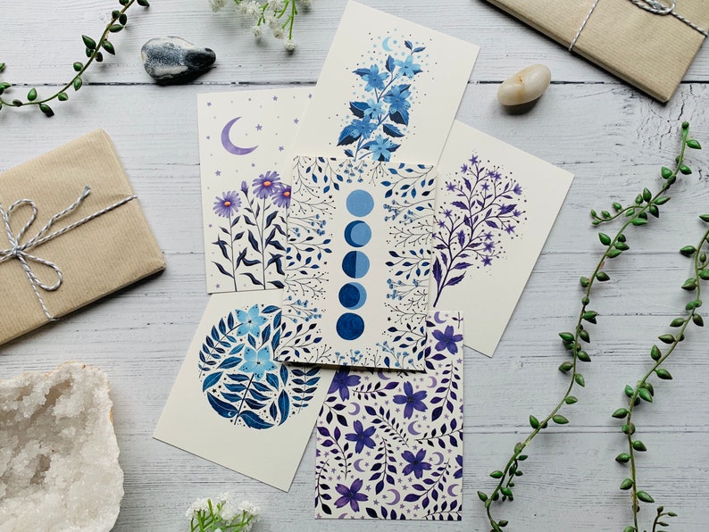Set of 6 Cosmic Floral Postcards Moon and Stars Collection Space Watercolour Blue and Purple Notecards Pack Art Cards image 2