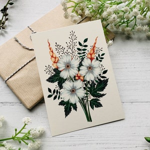 Carte postale bouquet floral blanc - Bouquet de fleurs de printemps moderne - Nature florale illustrée - Carnet de feuilles d’aquarelle - Petit tirage d’art