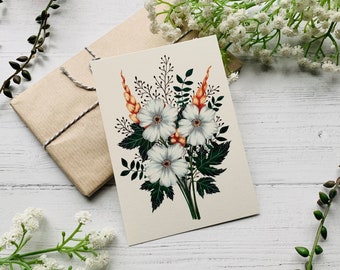 Carte postale bouquet floral blanc - Bouquet de fleurs de printemps moderne - Nature florale illustrée - Carnet de feuilles d’aquarelle - Petit tirage d’art