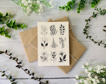 Tiny Monochrome Flowers Postcard - Modern Black and White Leaves - Nature Illustrated - Floral Notecard - A6 Card - Small Art Print