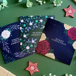 Baubles and Roses Tree Christmas Card Seasons Greetings Green and Blue Roses Luxury Xmas Floral Holiday Card Kraft Envelope Included image 7