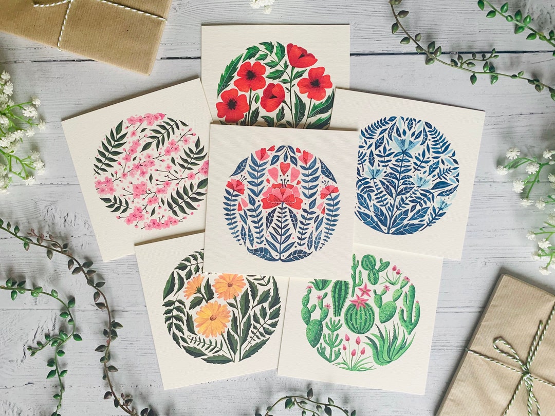 Greeting Card Pack of 6 - Floral Art Cards Multipack - Watercolour ...