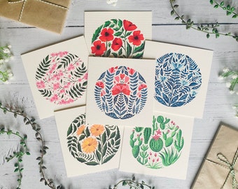 Greeting Card Pack of 6 - Floral Art Cards Multipack - Watercolour Illustrated Set - Botanical - Any Occasion - Luxury Square - Blank Inside