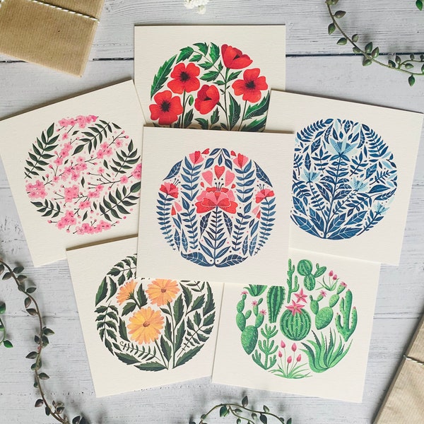 Lot de 6 cartes de voeux - emballage multiple de cartes d'art floral - ensemble illustré d'aquarelles - botanique - toutes les occasions - carré de luxe - intérieur vierge