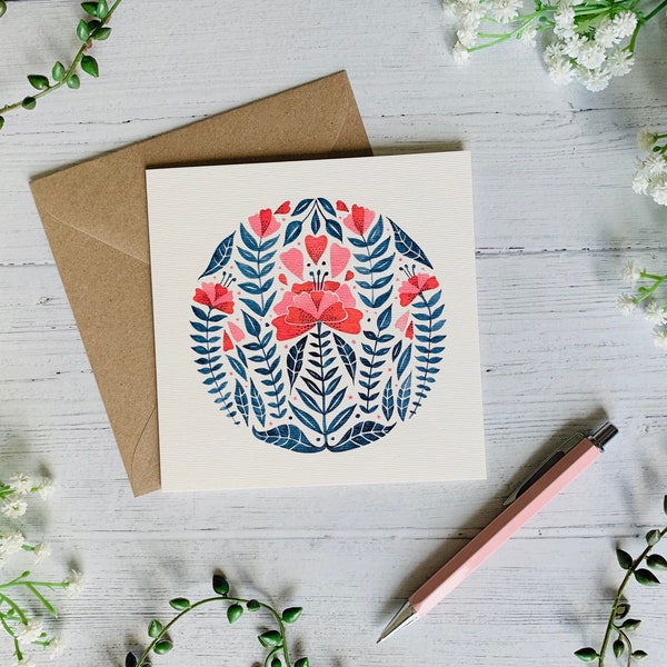 Folk Floral Greeting Card - Watercolour Art Card - Red and Blue Illustrated Flowers - Botanical - Blank Inside - Envelope Included