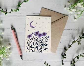 Aster Greeting Card - Purple Moon and Stars Floral Illustration Art Card - Watercolour Space - Any Occasion Cards