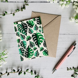 Carte de vœux Monstera Leaf - Art botanique illustré - Aquarelle Feuilles tropicales - A6 - Vierge à l’intérieur - Enveloppe incluse