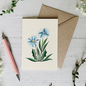 Carte de vœux Daisy - A6 Botanical Floral Illustrated Art - Aquarelle Fleur Bleue - Vierge à l’intérieur - Enveloppe incluse