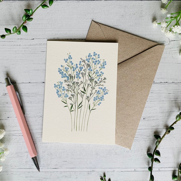 Carte de voeux pour toutes les occasions - fleurs sauvages bleues et blanches - carte d'art illustration florale délicate - fleurs aquarelles - cartes pour toutes les occasions