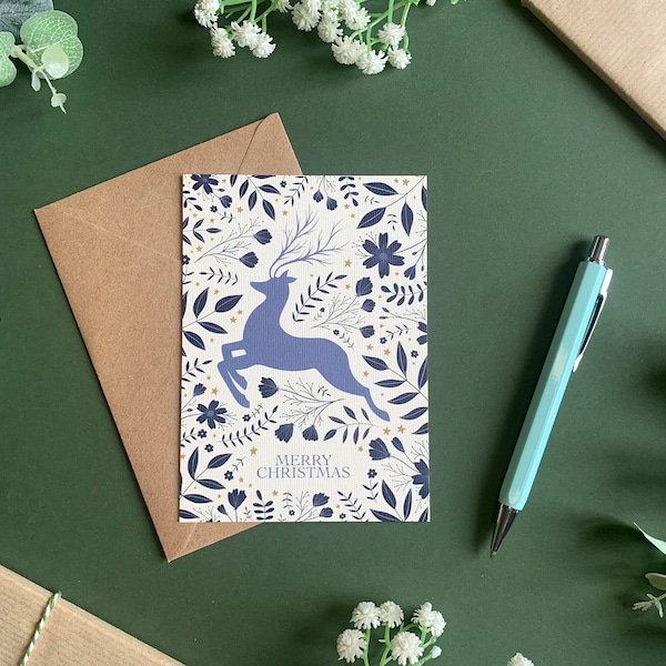 Reindeer Merry Christmas Card - Blue Elegant Botanical Illustrated Scandi Art - Holiday Card - A6 - Blank Inside - Kraft Envelope Included